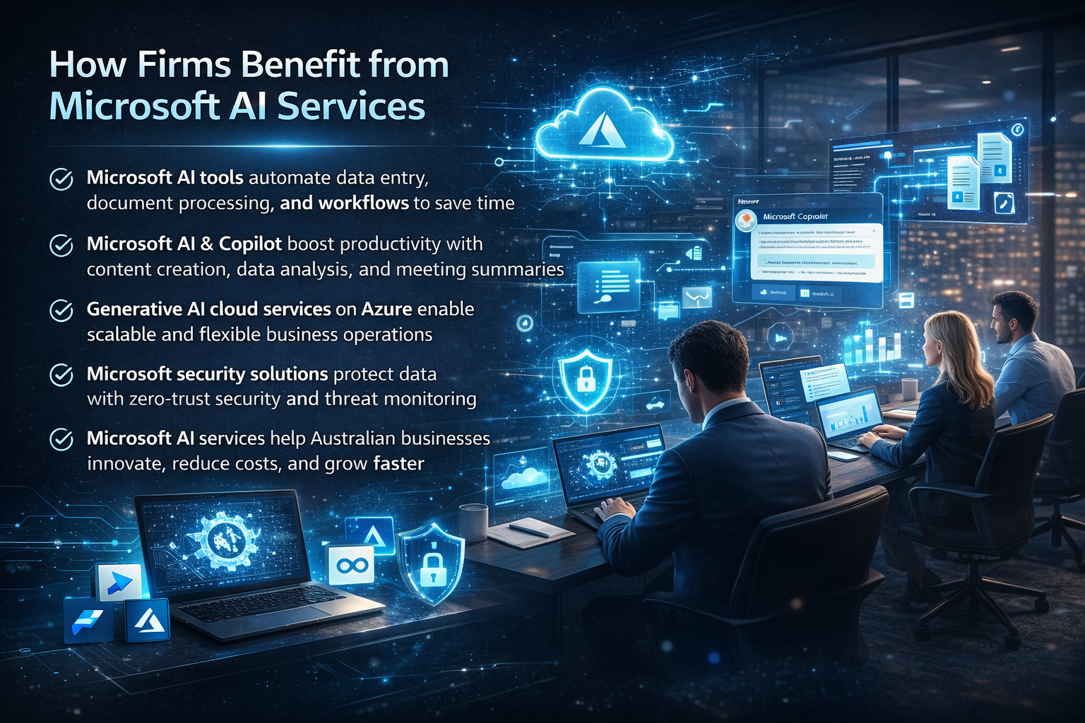 Microsoft AI services helping businesses automate workflows, improve productivity with Copilot, and enhance cloud security solutions.